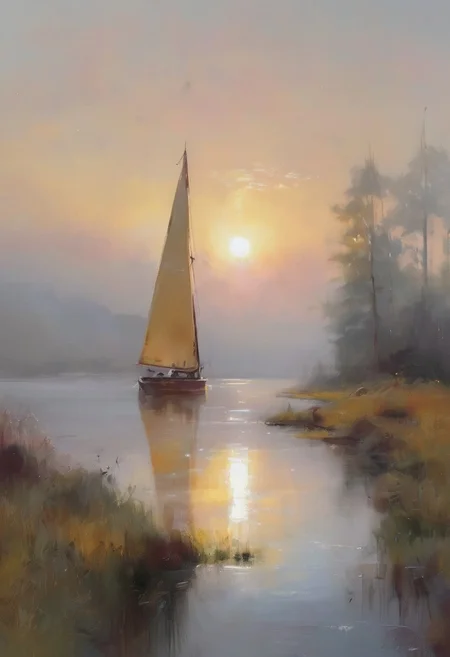 A mesmerizing oil painting by Richard Schmid,capturing a solitary sailboat moored in a mist-covered lake at dusk. The warm,amber glow of the setting sun casts a magical light across the water,contrasting with the cool,enveloping fog. The shoreline,adorned with faint outlines of distant mountains,is barely visible through the mist. The sailboat,with its elegant lines and detailed craftsmanship,is masterfully rendered with impeccable brushwork,showcasing the reflections and subtle textures in perfect harmony. The painting evokes a sense of serene isolation and poetic beauty,transporting the viewer to a world of tranquility and wonder,full color,dramatic ambient cinematic composition,dynamic scenic,mystical,creative,deep colors,extremely inspirational,, ultra quality, ultra detailed<lora:Epic_Landscape_Generator_SD15:1><lora:Epic_Landscape_Generator_SD15:1>
