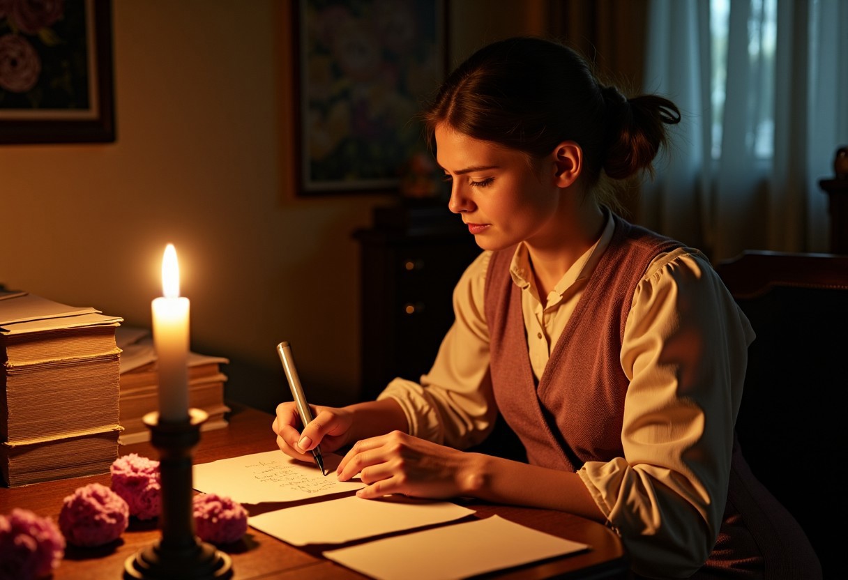 A Victorian-era lover writing a heartfelt letter by candlelight, surrounded by stacks of envelopes and dried roses.