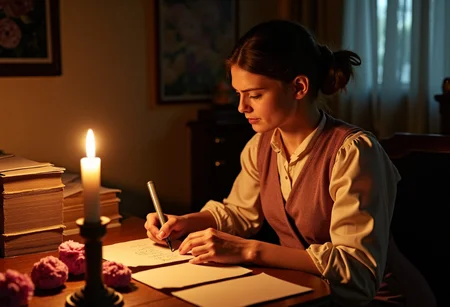 A Victorian-era lover writing a heartfelt letter by candlelight, surrounded by stacks of envelopes and dried roses.