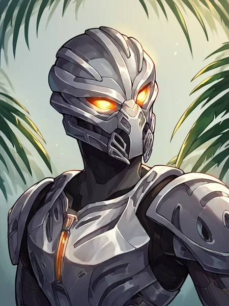 Score_9, score_8_up, score_7_up, score_6_up, tropical island backdrop, Bionicle, solo, upper body, glowing eyes, gray body, silver armor, silver mask, <lora:BionicleXL:1>