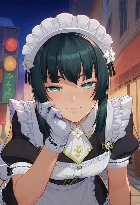 score_9, score_8_up, score_7_up, score_6_up, source_anime, 1girl, solo, head close-up,  Mafuyu, Sofia maid outfit, Sofia maid headdress, Sofia maid gloves, half closed eyes, smirk, looking at viewer, hand near cheek, leaning forward, in a street full of wooden buildings, at dim and dark night, colorful