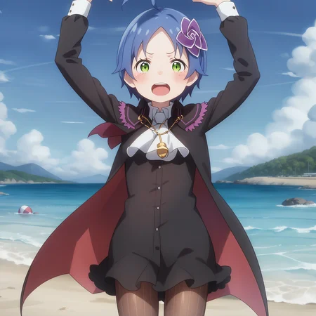 <lora:Meili-000060:1>,
anime screencap, beach,
1girl, solo, green eyes, blue hair, short hair, hair ornament, open mouth, pantyhose, cape, striped, looking at viewer, striped pantyhose,white necktie,arms up,