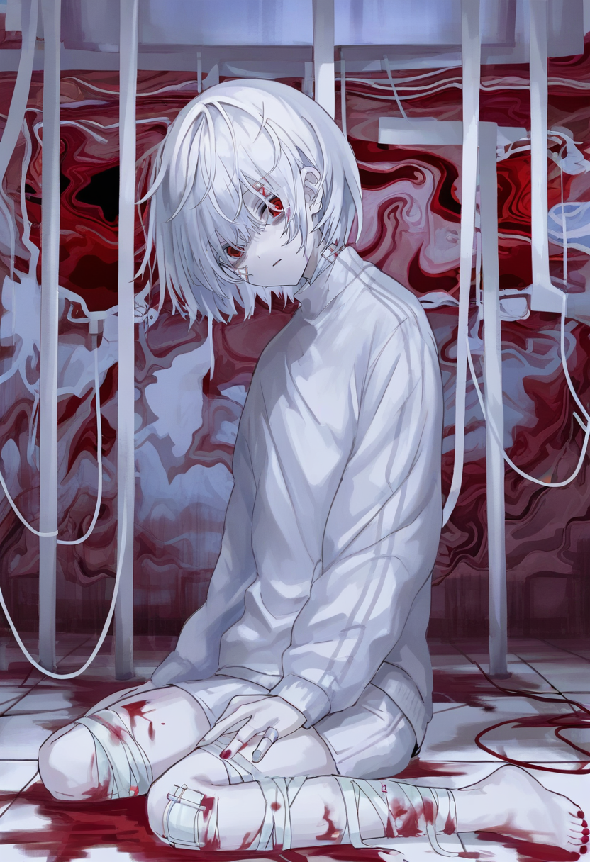 bandaged leg, sitting, blood, white hair, short hair, barefoot, solo, bandages, intravenous drip, 1girl, long sleeves, looking at viewer, bandaid, bangs, white shorts <lora:shiunXL_NB11_lokr_V6311P:0.95>