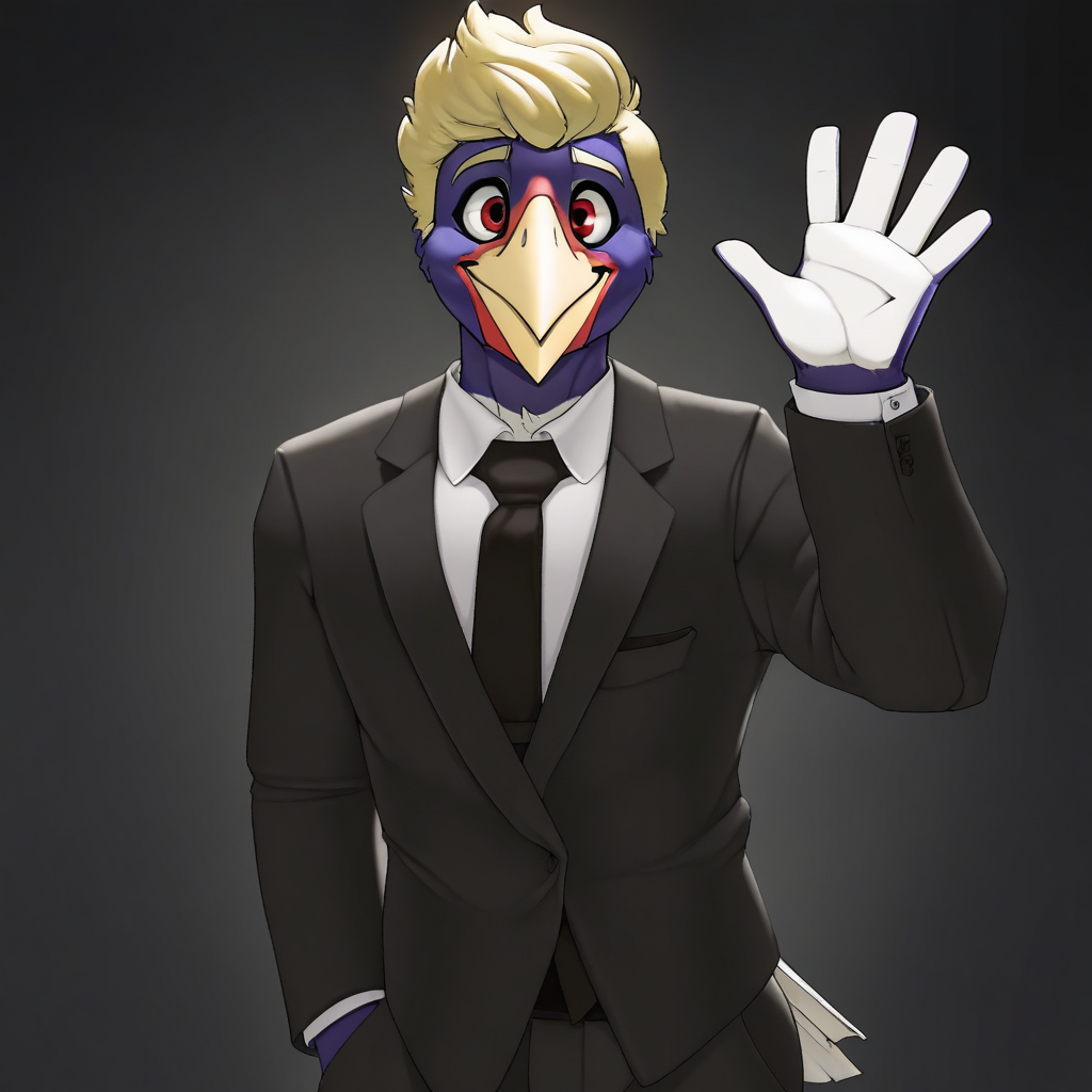 1boy, solo, Dale, anthro, bird, beak, red eyes, blue body, blonde hair, white torso, two tone body, smile, suit and tie, clothed, waving, looking at viewer, masterpiece, best quality,