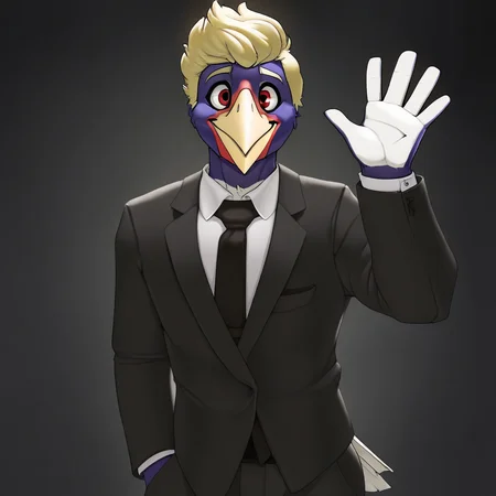 1boy, solo, Dale, anthro, bird, beak, red eyes, blue body, blonde hair, white torso, two tone body, smile, suit and tie, clothed, waving, looking at viewer, masterpiece, best quality,