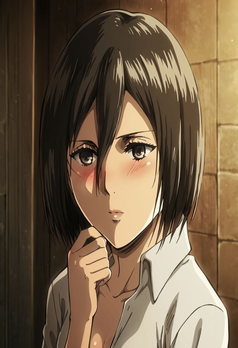 1girl, solo, Mikasa Ackermann, attack on titan beautiful face, detailed eyes, detailed face, standing, medium chest, blushing, looking away shy, top almost off, boobs showing, one hand up