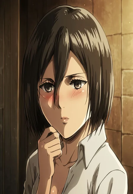 1girl, solo, Mikasa Ackermann, attack on titan beautiful face, detailed eyes, detailed face, standing, medium chest, blushing, looking away shy, top almost off, boobs showing, one hand up