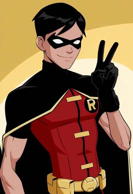 Justice_Robin,1boy,solo,male focus,black hair,short hair,domino mask,no pupils,black cape,red vest,black gloves,yellow utility belt,superhero,black pants,upper body,smile,skinny male,peace sign,happy
