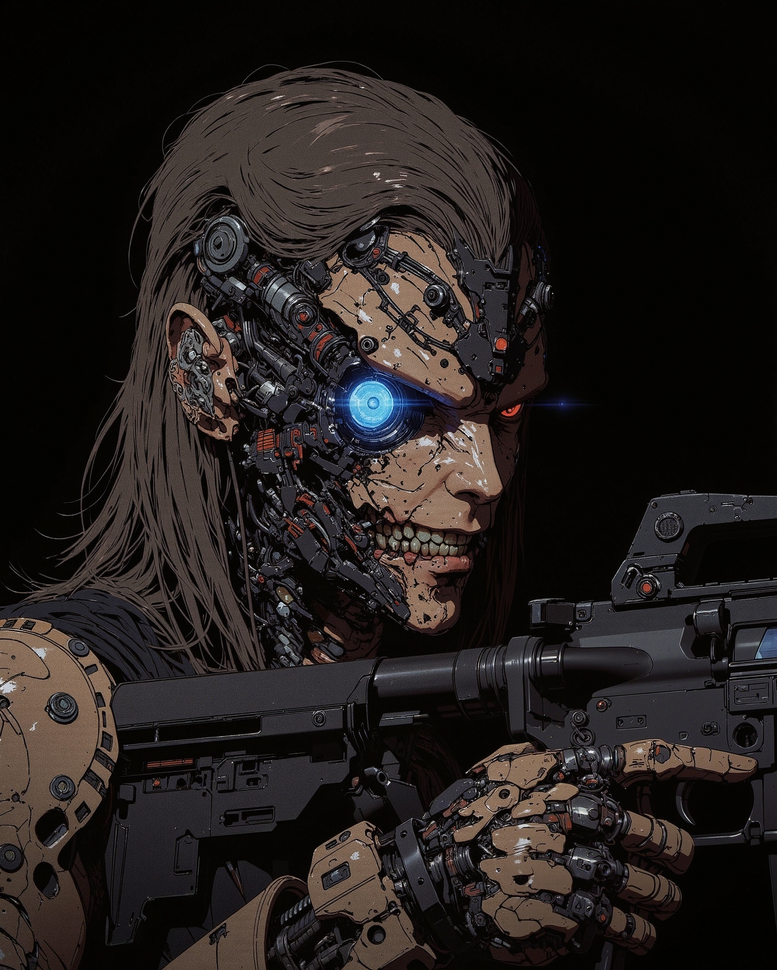 a heavily augmented, female princess figure with a sinister, knowing grin. Much of her face is replaced by dark, complex cybernetics, with one eye replaced by a large, intensely glowing blue optic lens. Wires and mechanical joints are visible integrating into her skull and jaw. She wears worn, functional armor pieces over dark clothing. holding and aiming a futuristic AR15 assault rifle. The lighting is stark and shadowy, emphasizing the unsettling blend of aged flesh and cold machinery. Focus on dark cyberpunk augmentation, menacing matriarchal intelligence, and gritty bio-mechanical integration.