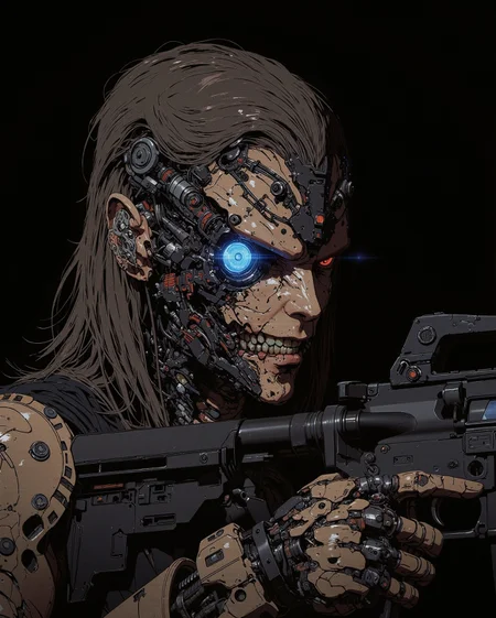 a heavily augmented, female princess figure with a sinister, knowing grin. Much of her face is replaced by dark, complex cybernetics, with one eye replaced by a large, intensely glowing blue optic lens. Wires and mechanical joints are visible integrating into her skull and jaw. She wears worn, functional armor pieces over dark clothing. holding and aiming a futuristic AR15 assault rifle. The lighting is stark and shadowy, emphasizing the unsettling blend of aged flesh and cold machinery. Focus on dark cyberpunk augmentation, menacing matriarchal intelligence, and gritty bio-mechanical integration.