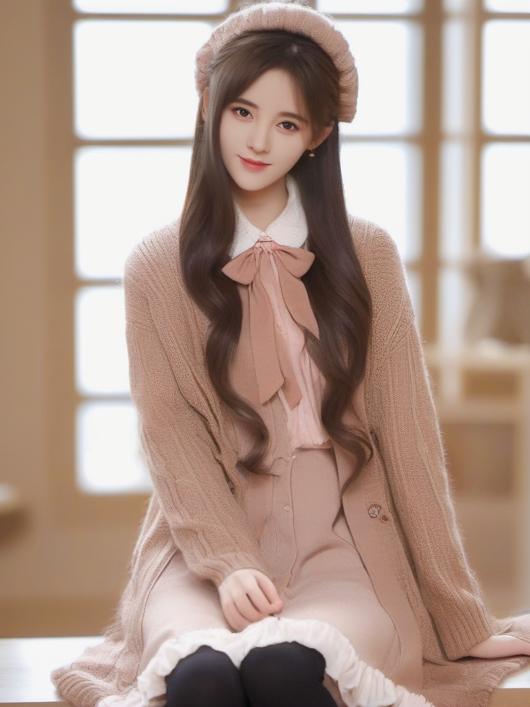 masterpiece, best quality, girl, long hair, looking at viewer, brown cardigan , frilled socks, hair_bow, bowtie, in winter, blush, sweater dress, ,<lora:sl_btf:1>