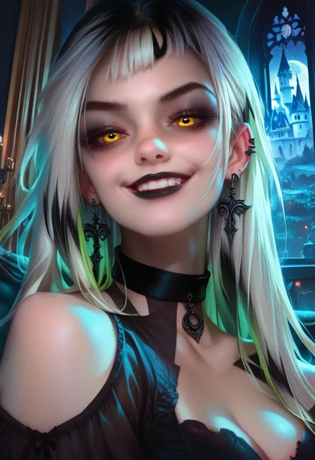 score_9, score_8_up, score_7_up, score_6_up, DemonLordDante, 1girl, solo, detailed face, detailed eyes, night, castle, black dress, choker, close up face, black and white long hair, multicolor hair, yellow eyes, goth make up, smirk, black lipstick, earrings,