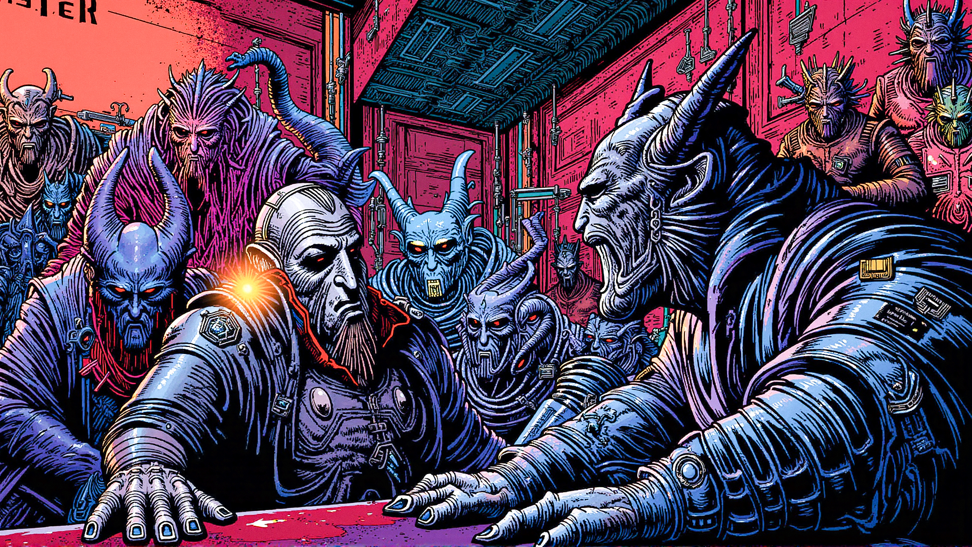 "An intergalactic bounty hunter confronts their target in a seedy, neon-lit space bar. The bar is filled with a diverse crowd of alien species, each more bizarre and colorful than the last. The bounty hunter is a hulking figure with a heavily scarred face and glowing cybernetic implants, while the target is a sleek, serpentine creature with multiple eyes and sharp fangs. The tension is palpable, with the bar's patrons watching closely, ready for a fight to break out at any moment." <lora:metal_hurlant_v1:1.5>