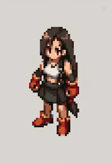 score_9, score_8_up, score_7_up, source_anime, BREAK, solo, 1girl, <lora:FFT-SpritesV2-pdxl_Fp:1>, looking at viewer, from side, full body, standing, solid oval eyes, no mouth, no nose, pixel art, <lora:tifa-pdxl-nvwls-v1:1>, defTif, red eyes, black hair, low-tied long hair, earrings, white sports bra, black suspenders, black miniskirt, arm warmers, black elbow gloves, elbow pads, red gloves, red footwear