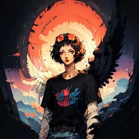 score_9, score_8_up, score_7_up, BREAK, 
1girl, solo, Highly detailed, d4rkpurp, ohyaP5, short hair, bob cut, sunglasses on head, lipstick, black t-shirt, clothes writing, layered sleeves, jeans, w1ngs, angel wings, black wings, floating black feathers, backlit by the moon, face focus, (reaching out), atmospheric, dark, ddpapa, concept paint, abstract art,