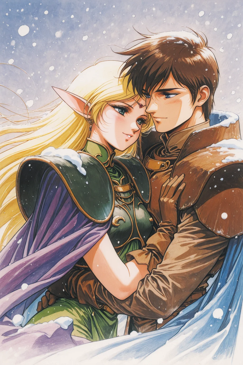 Parn,Deedlit,1boy,retro artstyle,1girl,blonde hair,long hair,snow,gloves,1990s \(style\),brown hair,couple,blue eyes,brown armor,hetero,hug,cape,traditional media,
<lora:yuuki nobuteru_illustriousXL_v2:0.9>,