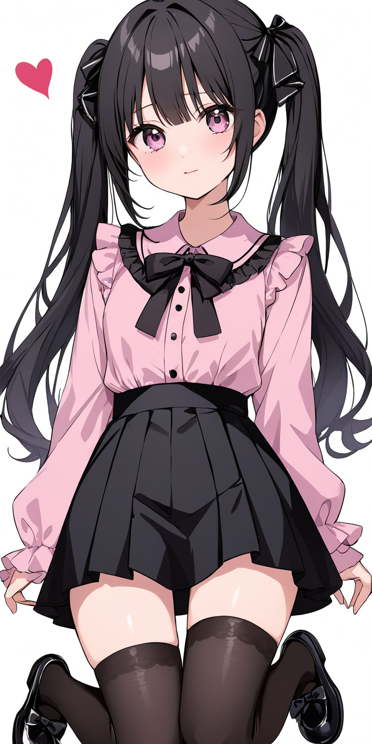 (masterpiece,ultra-detailed,best quality,8K,illustration:1),(cute face,clean skin ,shiny hair,girl,ultra-detailed-eyes:1.1),simple background, <lora:add-detail-xl:1>,  <lora:jirai kei_XL_V1.0:0.8> jirai kei, black hair, bow, twintails,pink shirt,black skirt,hair ribbon,heart,shoes,thighhighs