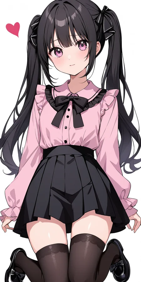 (masterpiece,ultra-detailed,best quality,8K,illustration:1),(cute face,clean skin ,shiny hair,girl,ultra-detailed-eyes:1.1),simple background, <lora:add-detail-xl:1>, <lora:jirai kei_XL_V1.0:0.8> jirai kei, black hair, bow, twintails,pink shirt,black skirt,hair ribbon,heart,shoes,thighhighs
