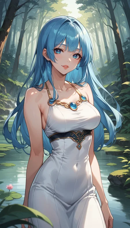 score_9, score_8_up, score_7_up, Anime Style, Cowboy Shot, girl, cute, seductive, innocent, light smile:0.3, plump lips, slender body, azure hair, long hair, detailed eyes, forest, bare shoulders, hanfu, lakes, pure, soft bamboo, depth of field, dynamic angle, fashion photography, sharp, hyperdetailed:1.15
