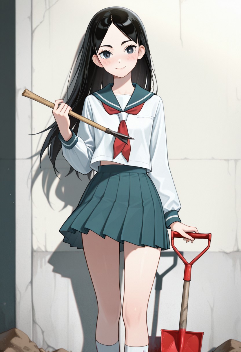 masterpiece, best quality, 32k, high resolution, absurdres, kitsu chiri, 1girl, solo, school uniform, serafuku, skirt, socks, blush, looking at viewer, shovel, smile