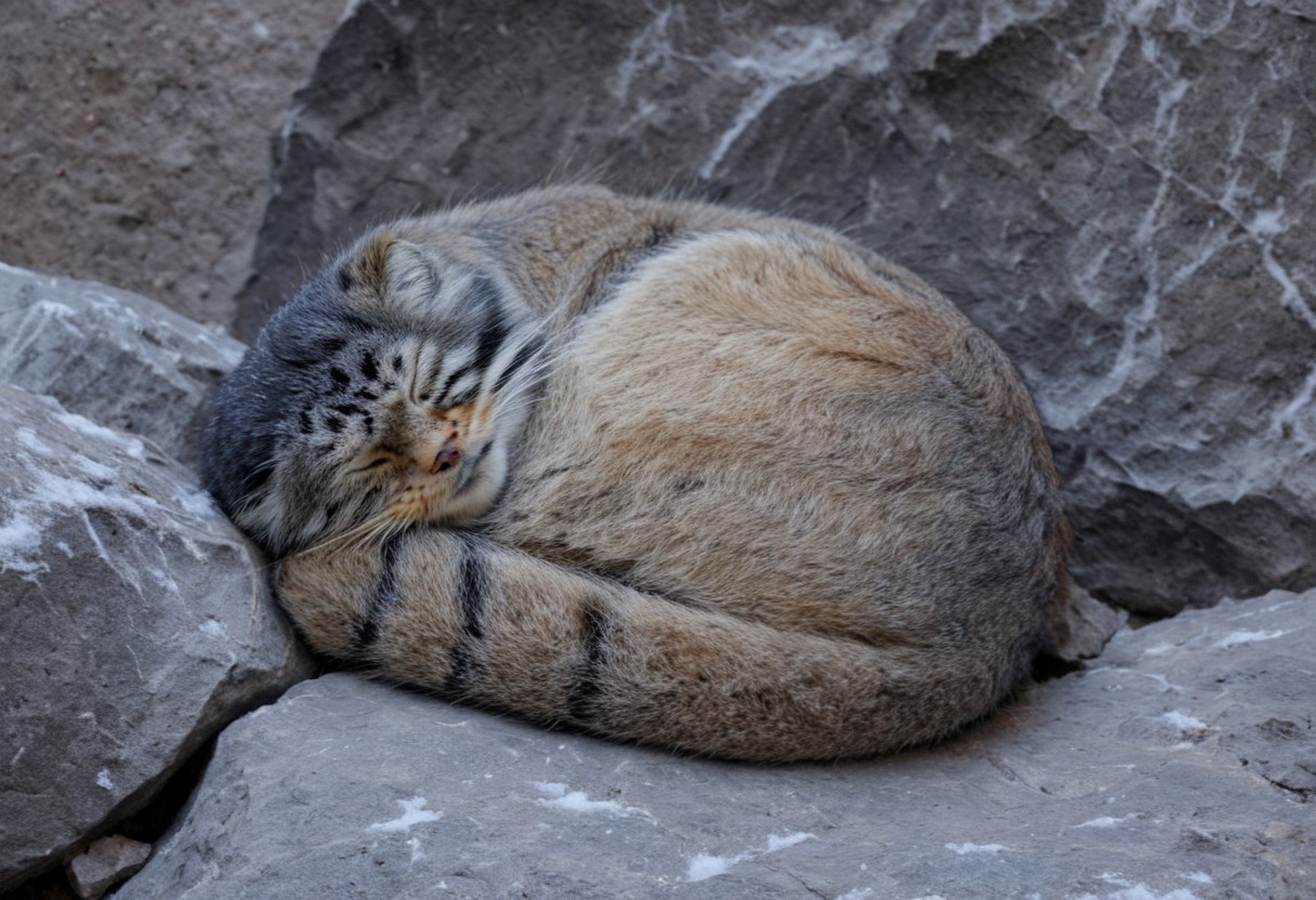 a closeup photo of a sleeping manul on a rocky rock, Otocolobus manul, sleeping, curled up, background of rocks, few snowy rocks, snow, light snowfall, tree trunks or something gray