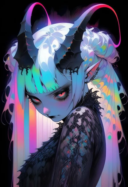 pale demon girl , prismatic coloring, holographic vibe, chromatic black lace blouse, gothic background, (long straight horns:1.2)