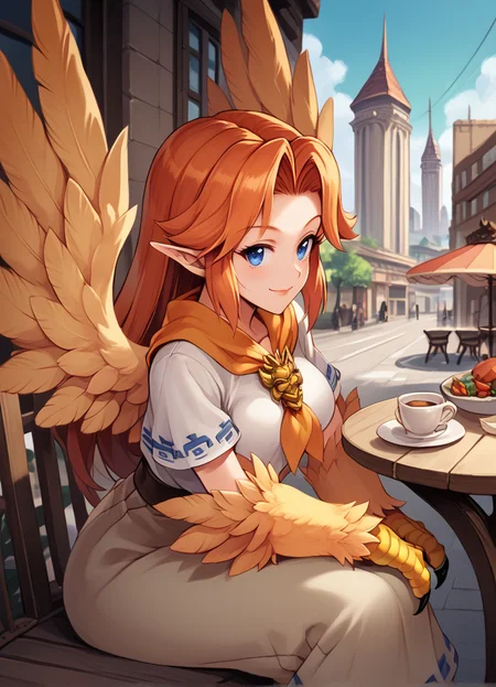 (score_9, score_8_up, score_7_up), best quality, perfect face, (masterpiece), MGE, 1girl, masterpiece, expressive eyes, monster girl, MGE artstyle, (harpy), animal limbs, (winged arms), feathered wings, prehensile wings, animal legs, thighhigh fur, pointy ears, ear fluff, breasts, consistent features, <lora:MGE_V5.3:0.9>, outdoors, city, street, cafe,  evil smile,  red hair, sitting,  <lora:malon_cremia-v1_pdxl:0.8> , malon, 1girl, blue eyes, orange hair, white shirt,