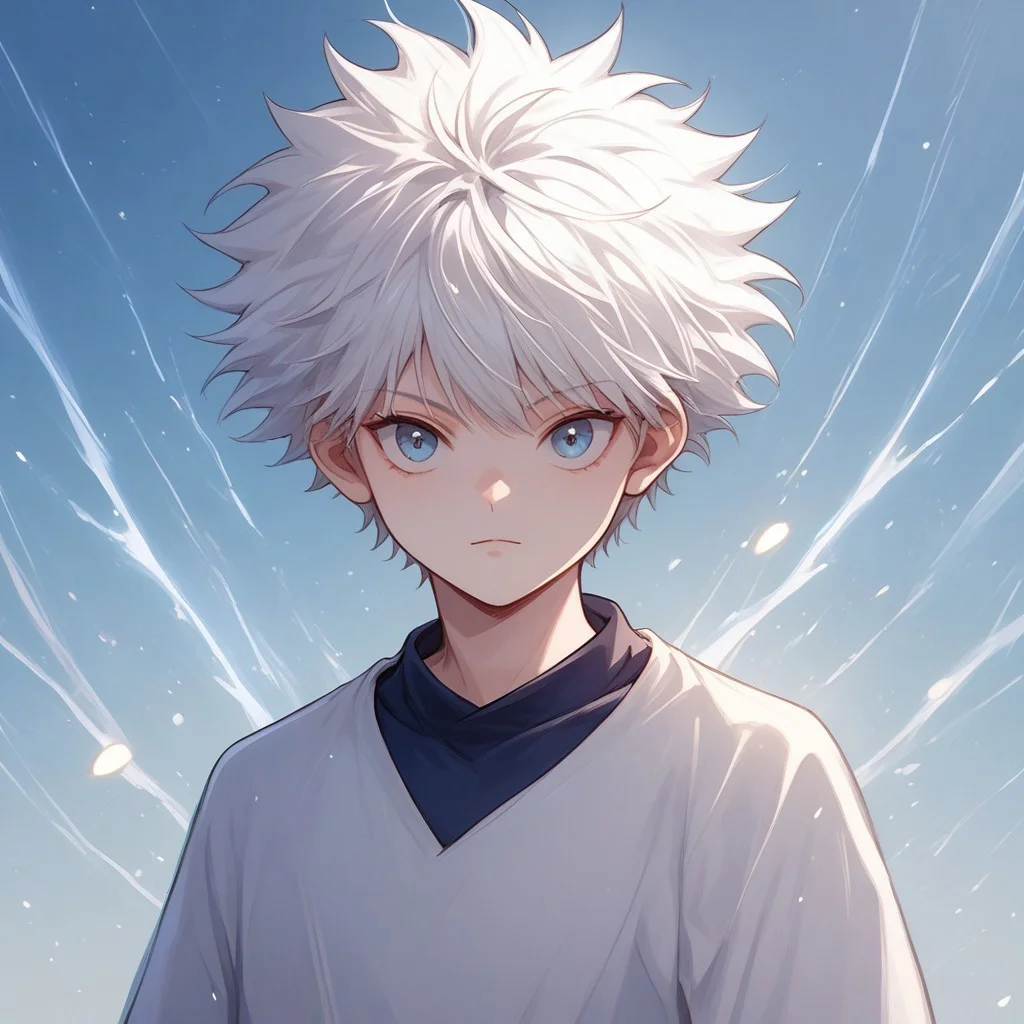 score_9, score_9_up, score_8_up, score_7_up, (Anime_source), highly detailed face, best quality, absurd size, Killua,white hair,blue eyes,short hair,spiked hair ,nice casual clothes, aura, particles, looking at viewer