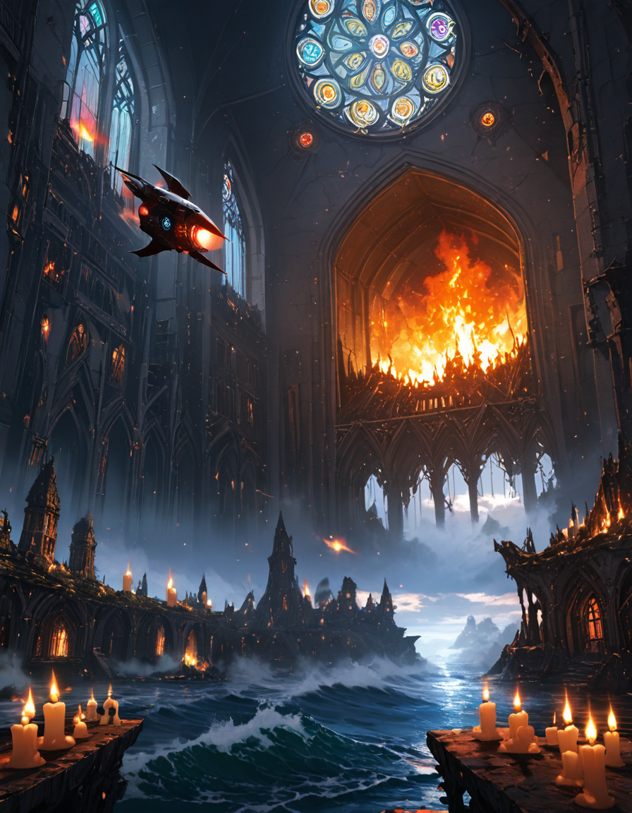 <lora:SW01v1-5xl:1> EFFD02, imagination, epic world, clouds, open jaw, breaking in, halos of light in the darkness of space, fire, EFFY01, epic scale chamber, detailed black robed dark wizard with a skull face, candles, medieval detailed architecture, detailed wall carvings, occult medieval ceremony, stained glass windows, bokeh, fantasy, T8 trees, green, blue, waves, ruins, T10, motion, spacecraft, cyberpunk city, mist, giant cat, furious,