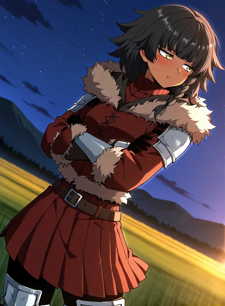 <lora:Mica_Earthborn__The_Beginning_After_the_End__Illustrious:1>
1 girl, solo, dark skin, golden eyes, short black hair, uneven bangs, side braid, layered hair, messy hairstyle,
Mica_Earthborn_winter, red winter outfit, fur-trimmed coat, brown fur accents, high collar, long sleeves, leather belt, armored boots, arm guards, pleated skirt, layered outfit
score_9, score_8_up, score_7_up, very aesthetic, source_anime, detailed, high quality, beautiful, masterpiece, detailed eyes, field, blurry background, pose dynamic angle, upper body, cowboy shot, floating hair, half-closed eyes, arms crossed, looking to the side, pouting, sulking, embarrassed, night