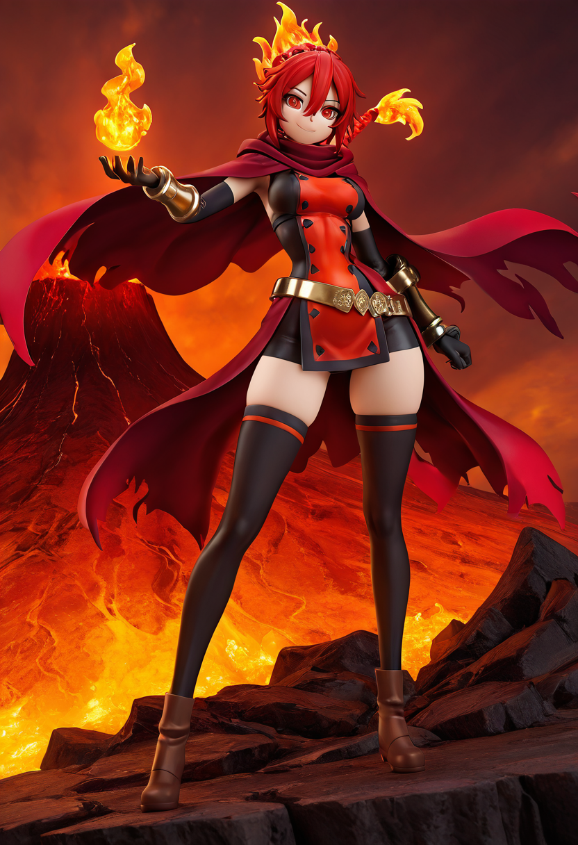 masterpiece, best quality, solo, curvy, beautiful eyes, narrow waist, wide hips, 1girl, solo, smile, looking at viewer, dynamic angle, foreshortening, close up,     f1gur3,  ,<lora:AnimeFigure_IXL:1.2>,  [Flameborn Pyromancer], fiery red and orange cloak that flickers like flames, scorched leather tunic with ember patterns, molten gold belt with fire rune, flame-shaped bracers, boots with smoldering soles, fiery braid adorned with red feathers, volcano cavern backdrop with rising lava, hands crackling with flame,
