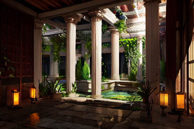 highly insanely detailed, masterpiece, top quality, best quality, highres, 4k, 8k, RAW photo, (very aesthetic, beautiful and aesthetic),  
Ancient Roman Interior Design,RomInt,peristyle_garden,lush_garden,Peristyle,ancient_roman_atrium,compluvium,impluvium,marble_flooring,intimate_space, 
<lora:RomanInterior-10:0.7>, 
(1girl:1.3), 
1other, 
, 
, 
(furry,anthro,Fluffy body:1.3),(Fluffy), 
Caribbean,dark tunnel,china street,in the evening,hyakki_yakou,ghost nocturnal,youkai,yokai,kimono,japanese clothes,platform footwea,kagura_bell,Kids Umbrella,umbrella over shoulder,holding umbrella,with an umbrella,shared umbrella,transparent umbrella,see-through umbrella,beige umbrella,smoking pipe,holding smoking pipe,kiseru,ashtray,smoke,abandoned_temple,golden yellow background, 
,âââ