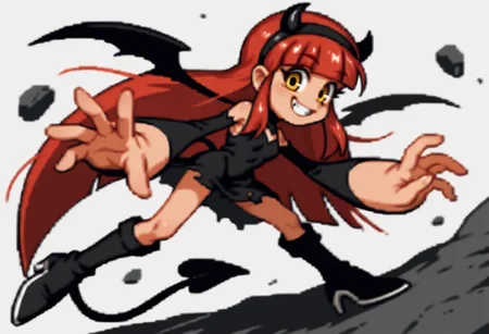 score_9, score_8_up, score_7_up BREAK RollMvC, 1girl, crimson hair, blunt bangs, black headband, yellow eyes, full body, devil girl, tall, skinny, smile, looking at viewer, devil outfit, demon dress, black red high-heeled boots, devil wings, devil tail, solo, solo focus, hell background,