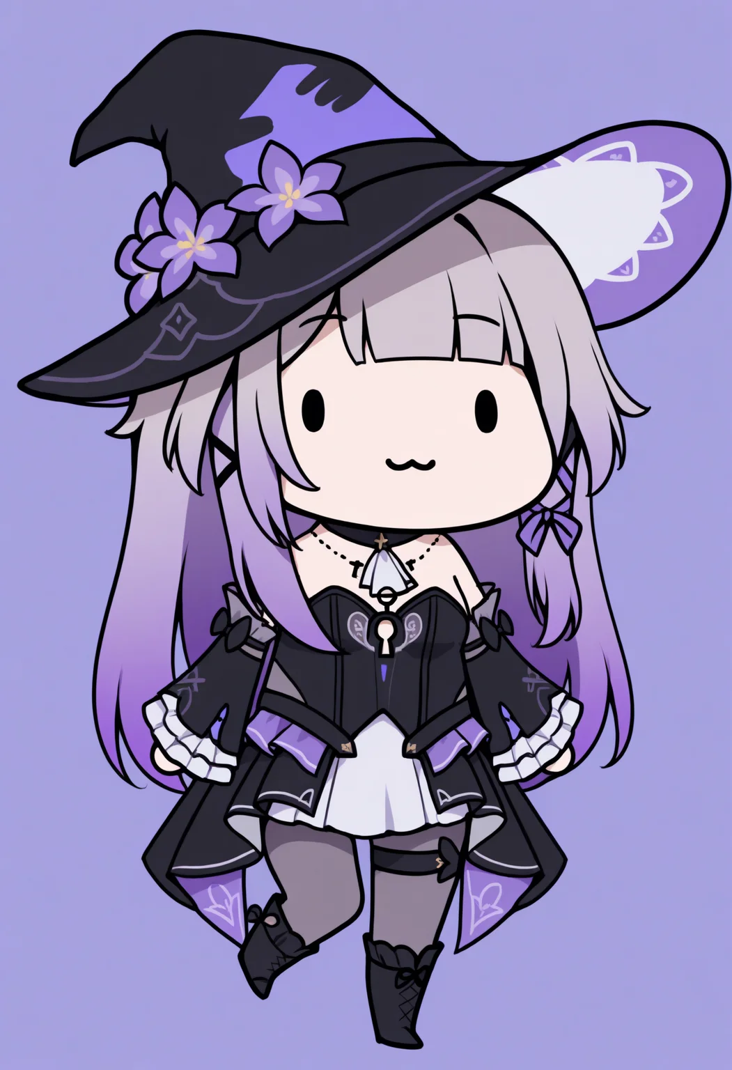 masterpiece, best quality, 1girl, solo, TheH3rt4Def, grey hair, gradient hair, purple hair, long hair, tress ribbon, witch hat, hat flower, detached collar, white ascot, key necklace, strapless dress, clothing cutout, keyhole cutout, detached sleeves, frilled sleeves, showgirl skirt, grey pantyhose, thigh strap, asymmetrical footwear, ankle boot, knee boot, chibi, dot eyes, :3, smile, simple background, <lora:ChamTheHertaNoobV4:1>, <lora:style_walfie_illustriousXL-GLoRA:1>