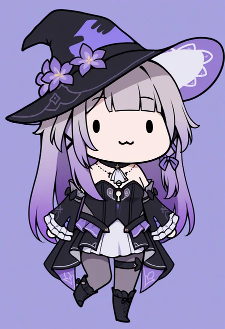 masterpiece, best quality, 1girl, solo, TheH3rt4Def, grey hair, gradient hair, purple hair, long hair, tress ribbon, witch hat, hat flower, detached collar, white ascot, key necklace, strapless dress, clothing cutout, keyhole cutout, detached sleeves, frilled sleeves, showgirl skirt, grey pantyhose, thigh strap, asymmetrical footwear, ankle boot, knee boot, chibi, dot eyes, :3, smile, simple background, <lora:ChamTheHertaNoobV4:1>, <lora:style_walfie_illustriousXL-GLoRA:1>