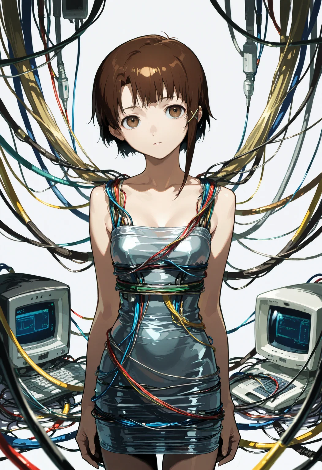 1girl, solo, computer wires dress, cables, cable,iwakura lain,
