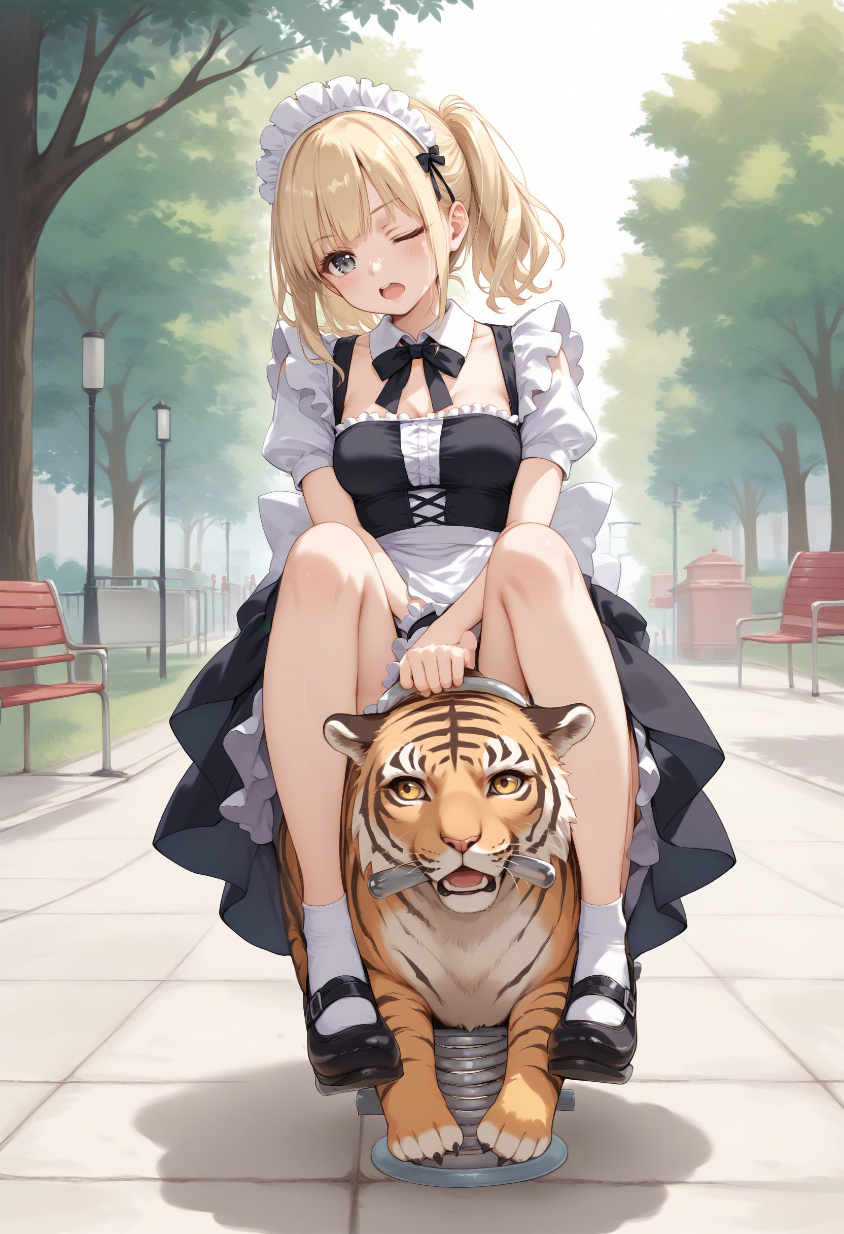 score_9, score_8_up, score_7_up, source_anime,
1girl,solo,medium breasts, maid, maid headdress,
spring rider,tiger,sitting, shoes, riding, outdoors, holding, park,<lora:springrider_Pony_v1:0.8>
from below, portrait, looking away, blonde hair, silver eyes,wince, open mouth, half updo hair,,