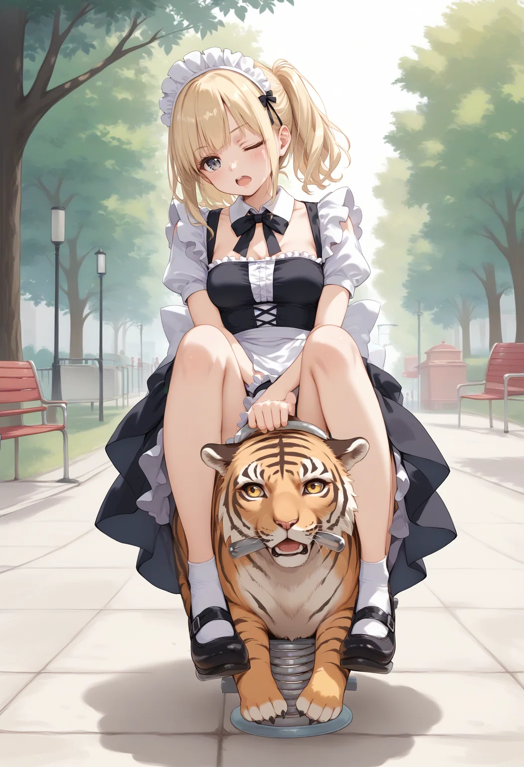 score_9, score_8_up, score_7_up, source_anime,
1girl,solo,medium breasts, maid, maid headdress,
spring rider,tiger,sitting, shoes, riding, outdoors, holding, park,<lora:springrider_Pony_v1:0.8>
from below, portrait, looking away, blonde hair, silver eyes,wince, open mouth, half updo hair,,