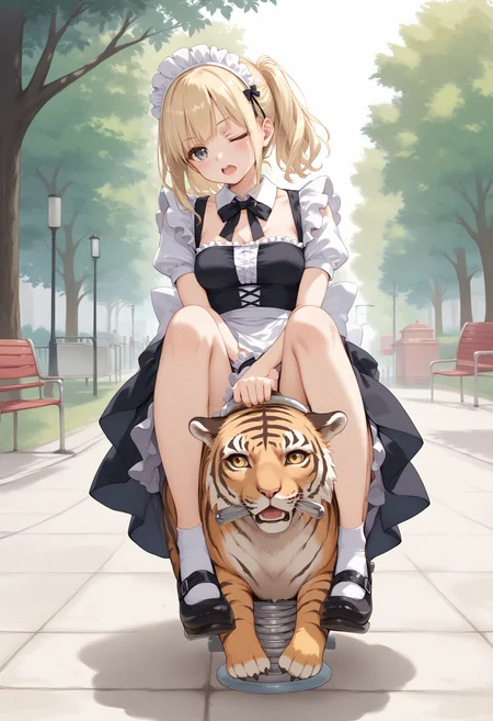score_9, score_8_up, score_7_up, source_anime,
1girl,solo,medium breasts, maid, maid headdress,
spring rider,tiger,sitting, shoes, riding, outdoors, holding, park,<lora:springrider_Pony_v1:0.8>
from below, portrait, looking away, blonde hair, silver eyes,wince, open mouth, half updo hair,,