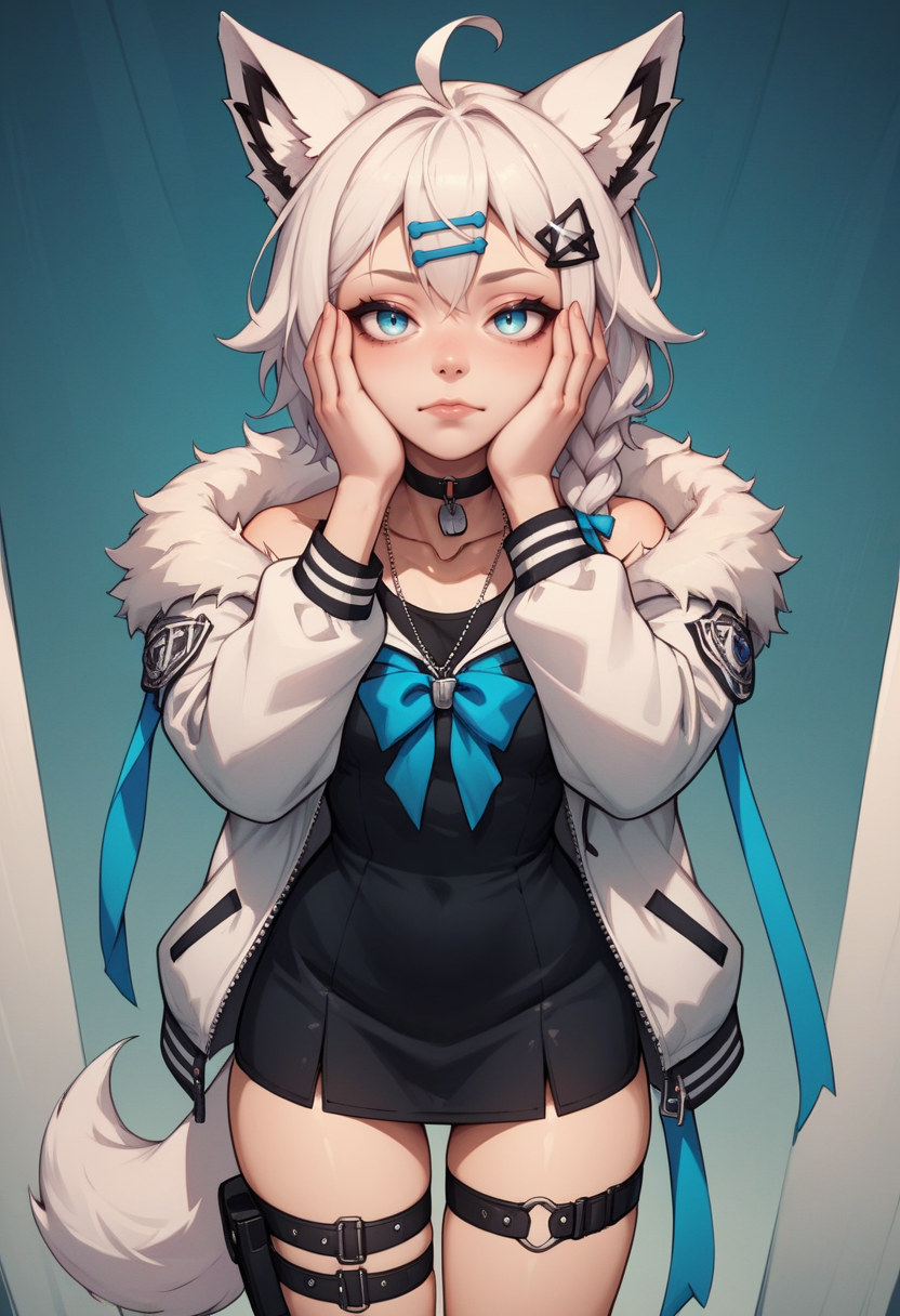 score_9, score_8_up, score_7_up, score_6_up, score_5_up, score_4_up, rating_explicit,  BREAK,  <lora:fubukiXL-10:0.75> fubukitechwear, white jacket, fur-trimmed jacket, hairclip, dog tags, choker, white microdress, black microdress, thigh strap, blue ribbon, white hair, single side braid, ahoge, piercing, fox tail, pentagram hands on face