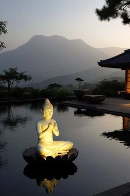 In a tranquil Zen garden illuminated by the first light of dawn, a living, breathing person, evoking the essence of Buddha, sits in deep meditation on a lotus in the midst of a serene pond. The morning sun casts a gentle glow, creating a soft halo around this individual. Surrounding them are bowls filled with water, each cradling floating petals, amplifying the atmosphere of peace
