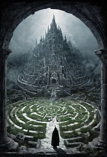 castle , A traveler contemplates a gigantic labyrinth made up of dozens of white, grass, medical towers. labyrinth , evil villain ,darkness, fog, easter eggs, opposites