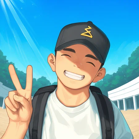 masterpiece, shounenzoom-style, 2020s, outdoors, sunlight, fisheye, upper body, 1boy, solo, closed eyes, smile, baseball cap, white shirt, backpack, head tilt, peace sign <lora:shounen_zoom-naixl_vpred-v7Nd-ShoAI:1>