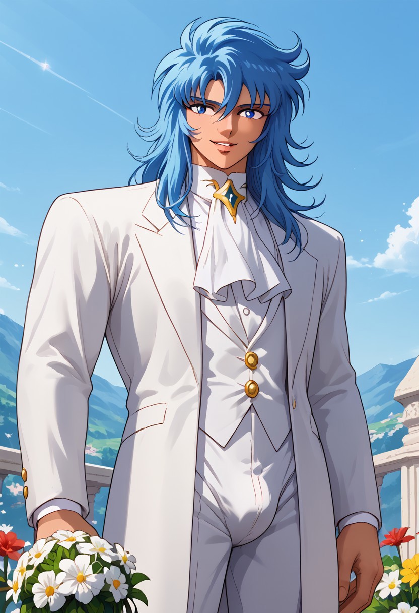 score_9, score_8_up, score_8, score_9, masterpiece, ultra high quality, hd render, male focus, 1boy, twink, young man, solo, JulianSolo, blue hair, very long wavy hair, blue eyes, bangs, hair between eyes, light skin, young man, parted lips, sexy smile, hair between eyes, white suit, ascot, flowers, holding bouquet, formal suit, bulge, big bulge,
handsome boy, narrow features, standing, dynamic pose, dynamic shot, looking at viewer, formal party scenery, luxury party,  hd render, high quality, retro artstyle, 1990s_(style), 1980s_(style),