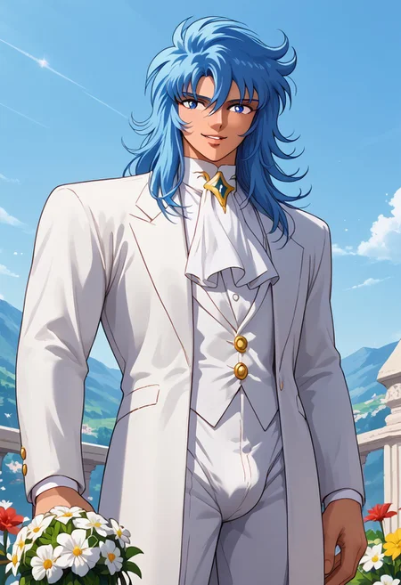 score_9, score_8_up, score_8, score_9, masterpiece, ultra high quality, hd render, male focus, 1boy, twink, young man, solo, JulianSolo, blue hair, very long wavy hair, blue eyes, bangs, hair between eyes, light skin, young man, parted lips, sexy smile, hair between eyes, white suit, ascot, flowers, holding bouquet, formal suit, bulge, big bulge,
handsome boy, narrow features, standing, dynamic pose, dynamic shot, looking at viewer, formal party scenery, luxury party, hd render, high quality, retro artstyle, 1990s_(style), 1980s_(style),