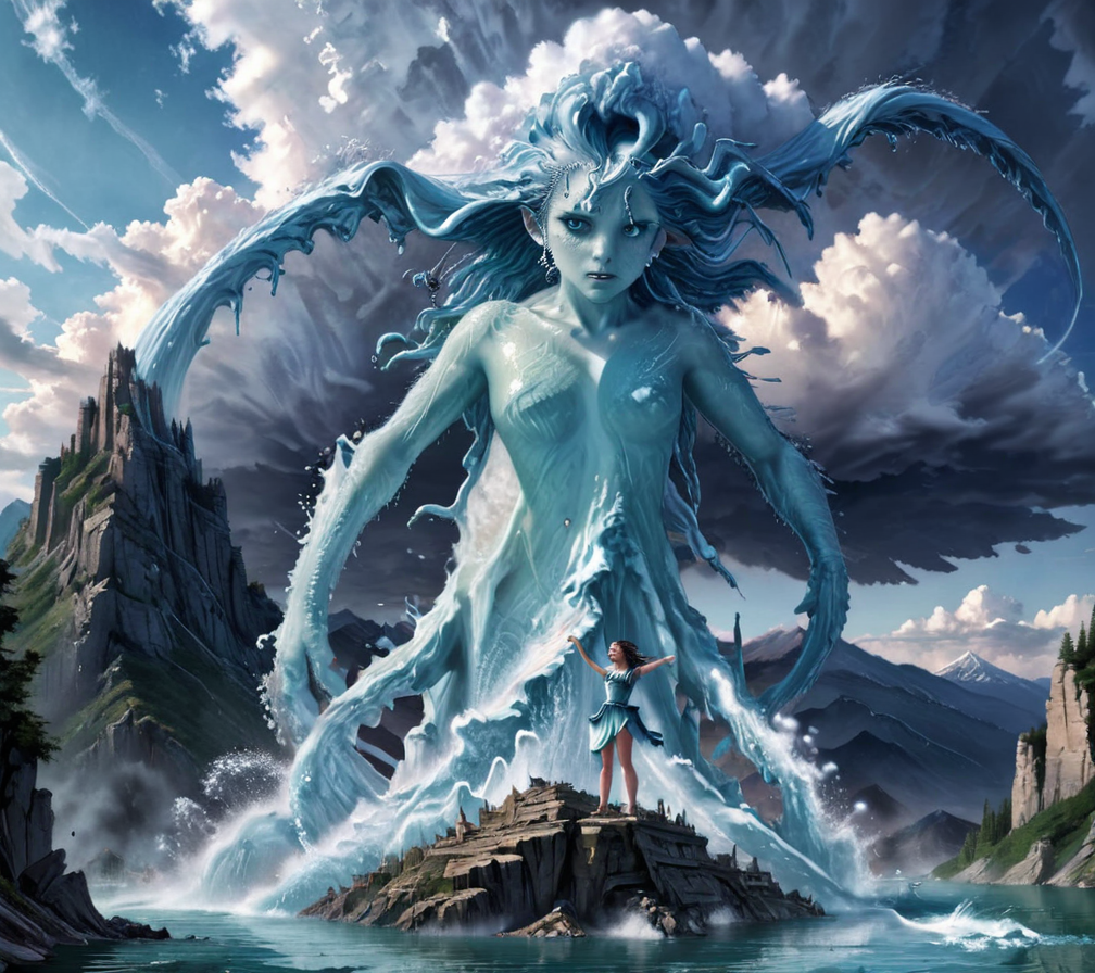 masterpiece,high resolution,detailed,
<lora:water_xl:0.8>
watermode, , giant, giantess, 1girl, solo, sky, cloud, water, monster girl, mountain, outdoors,