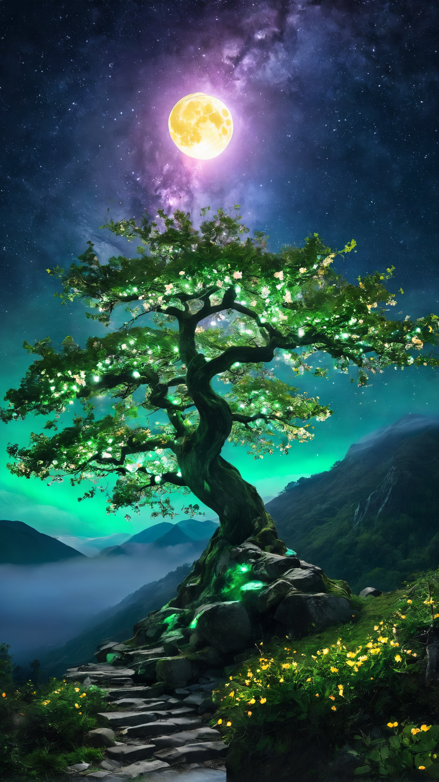 45 megapixel, ethereal beauty of a mystical landscape under the green moonlight, The scene should be illuminated by a large, radiant moon, casting its glow upon a twisted, yet majestic tree with blossoms that seem to sparkle in the night, The treeâs roots should be deeply embedded into rocky terrain, symbolizing its ancient existence. In the background, towering mountains loom, their peaks veiled in mist, A serene lake at the foot of the mountains reflects the moonâs luminescence, Incorporate elements that evoke a sense of magic and mystery, limitless lights in the air