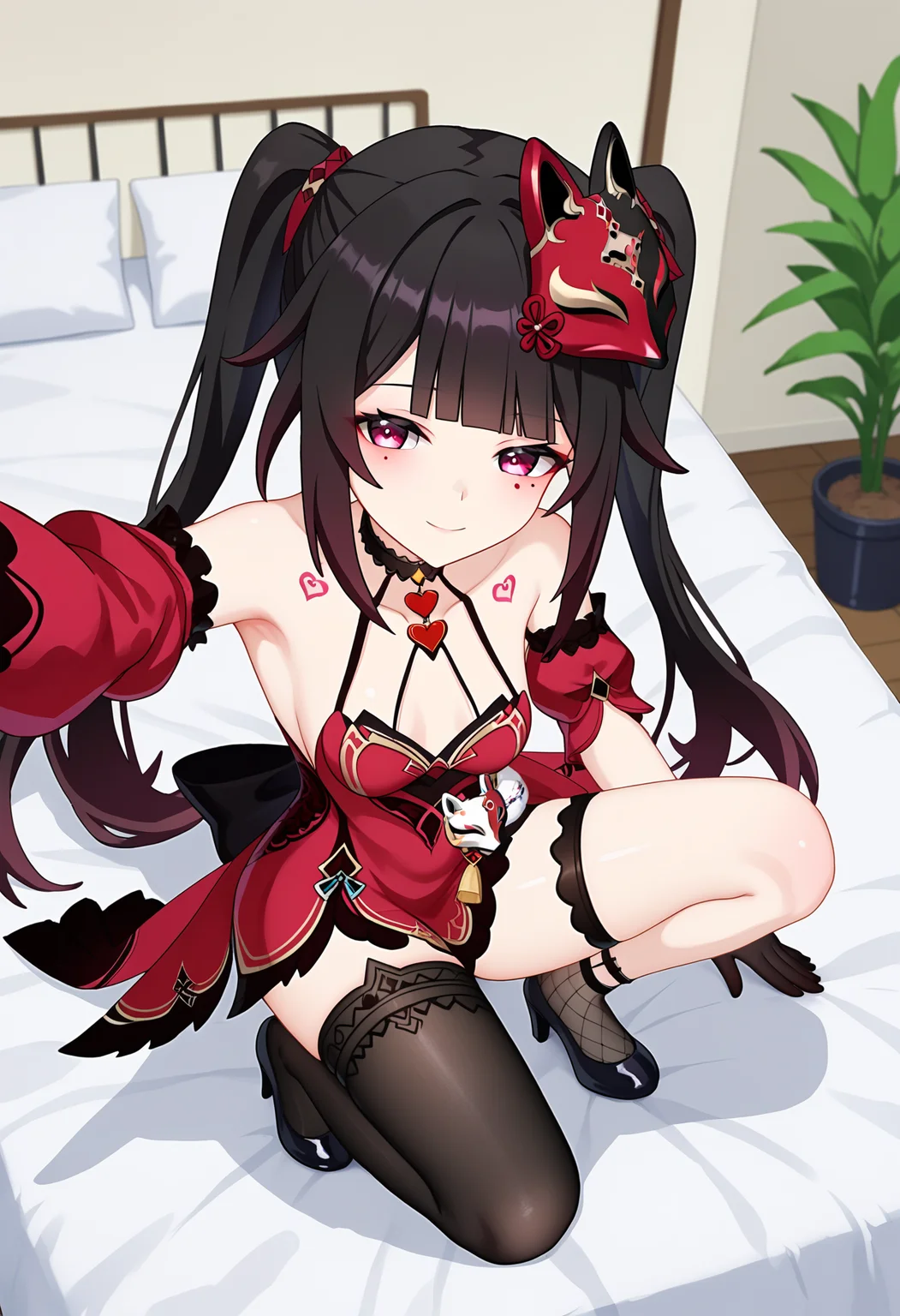 score_9, score_8_up, score_7_up, source_anime,
BREAK
1girl, solo,
<lora:shiSparkleV2:1.0>,
shisparklehonkai,
long hair, black hair, red eyes, multicolored hair, twintails, hair ornament, black fox mask, mask on head, black choker,
mole under eye, mole under each eye,
alternate costume, red and black dress, red dress, bare shoulders, detached sleeves, tattoo,
single glove,
black thighhighs, single thighhigh,asymmetrical legwear, black footwear, high heels, squatting,
looking at viewer, smile,
indoors, bed, selfie, reflection,