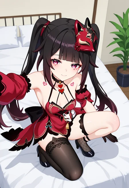 score_9, score_8_up, score_7_up, source_anime,
BREAK
1girl, solo,
<lora:shiSparkleV2:1.0>,
shisparklehonkai,
long hair, black hair, red eyes, multicolored hair, twintails, hair ornament, black fox mask, mask on head, black choker,
mole under eye, mole under each eye,
alternate costume, red and black dress, red dress, bare shoulders, detached sleeves, tattoo,
single glove,
black thighhighs, single thighhigh,asymmetrical legwear, black footwear, high heels, squatting,
looking at viewer, smile,
indoors, bed, selfie, reflection,