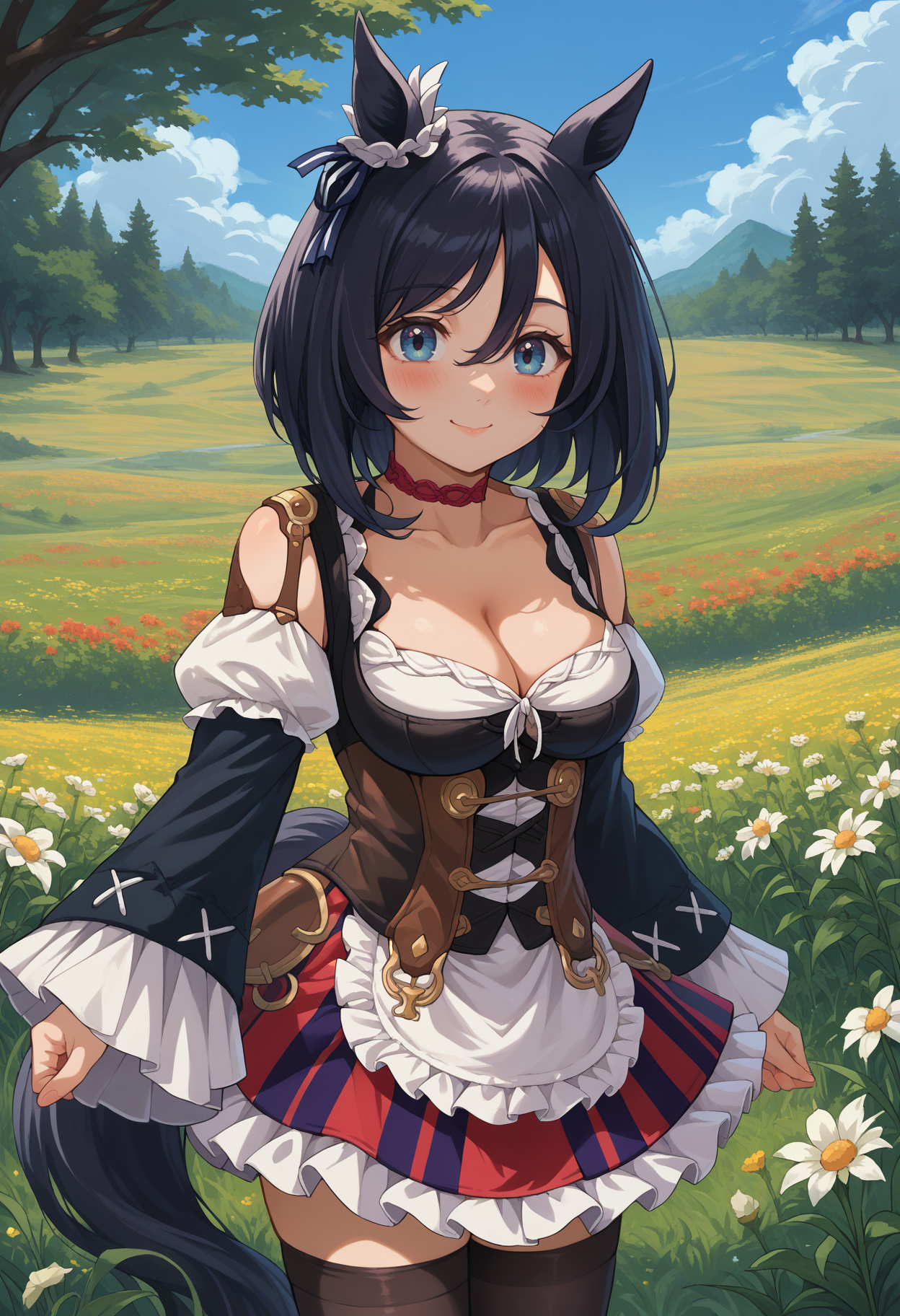 score_9, score_8_up, source_anime, 1girl, solo, EishinDefault, animal ears, ear ornament, tail, medium hair, red choker, dirndl, cleavage, detached sleeves, corset, frills, striped skirt, red skirt, black thighhighs, outdoors, flower field, smile, blush, <lora:ChamEishinFlashPonyXL:1>